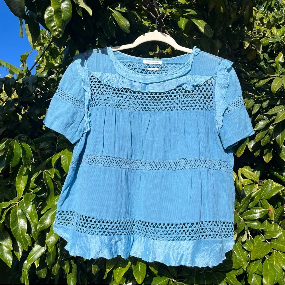 [EUC] Isabel Marant Etoile Blue Ruffle Short Sleeve Blouse // Size 40 (US M/8)